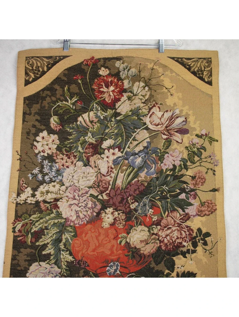 Vtg French Heavyweight Floral Home Décor Woven Tapestry Urn with Flowers 38x25.5